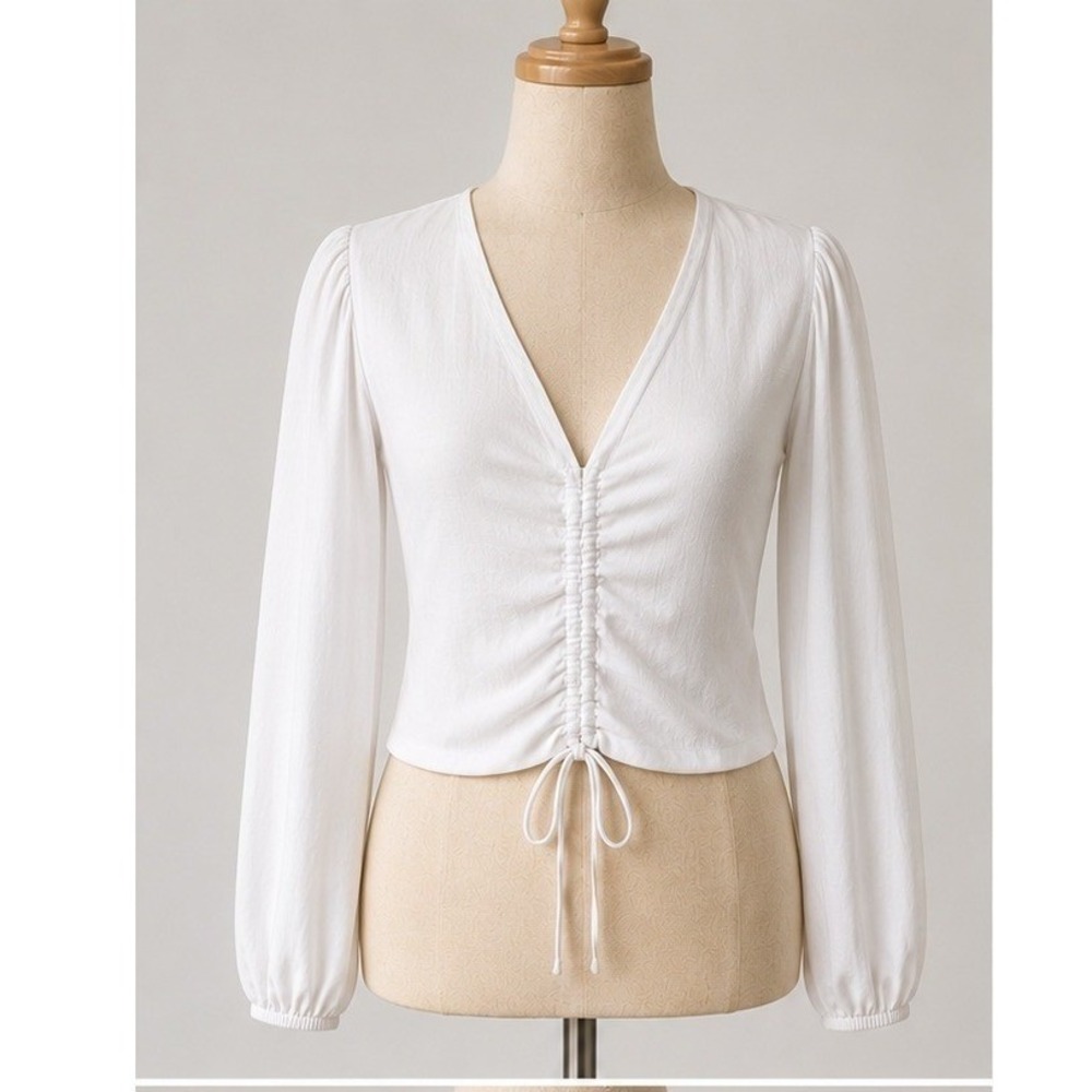 NWT DKNY Jeans Linen Blend Ruched V-Neck Boho Blouse XS Coastal Chic White Top